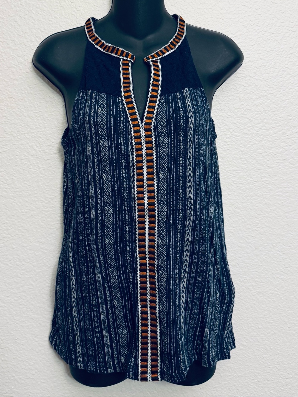 Lucky Brand Blue Linen Blend Boho Tribal Print Tank Top XS